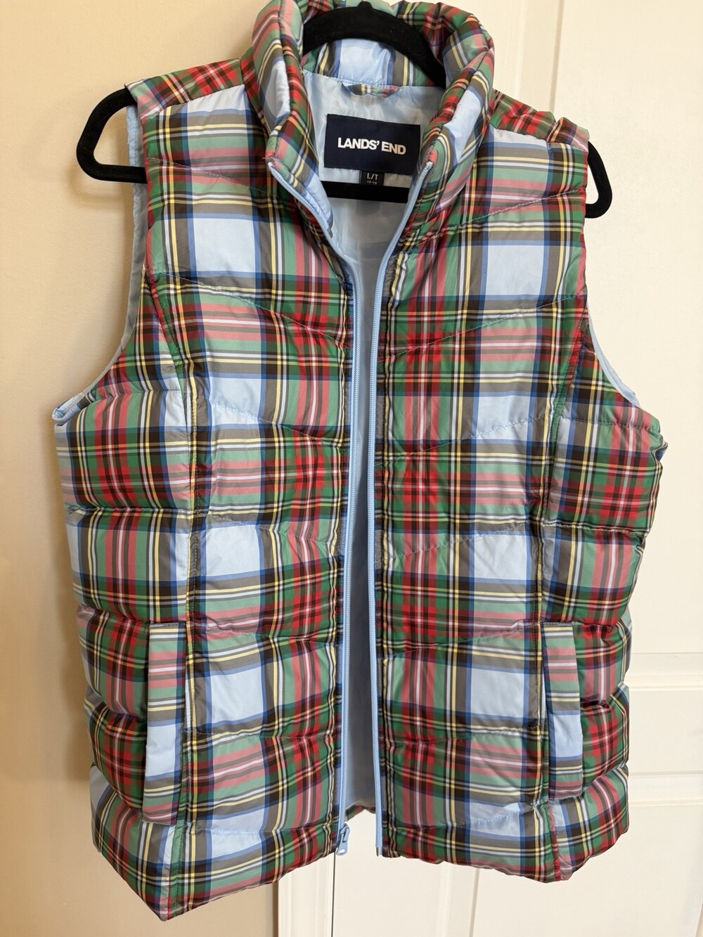 Lands' End Women's Holiday Plaid Puffer Vest Women's Size Large Tall 14/16